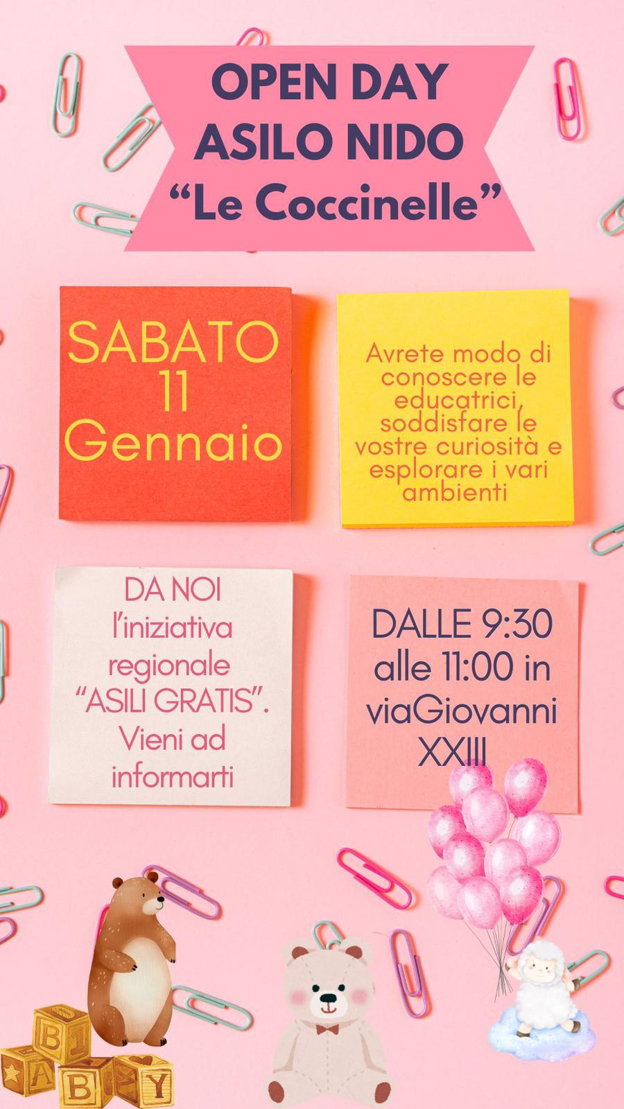 Al momento stai visualizzando OPEN DAY NIDO LE COCCINELLE – Sabato 11 gennaio 2025